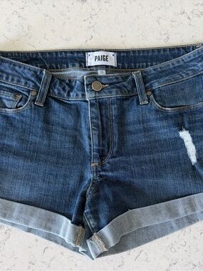 PAIGE Dark Blue Rolled Hem Denim Shorts